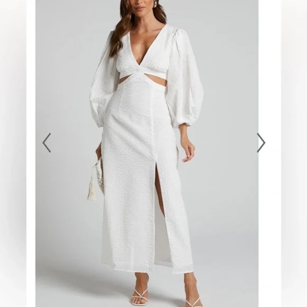SHOWPO Miggy Midi Dress in white with puff sleeves & cut outs size 10